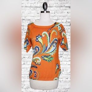 Joseph A. Pullover Sweater Short Sleeve - Orange Floral Paisley - Size Medium